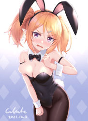 Rule 34 | 1girl, animal ears, armband, black bow, black bowtie, black leotard, blonde hair, bow, bowtie, breasts, cementite, chloe (princess connect!), cleavage, cowboy shot, dated, detached collar, elf, embarrassed, fake animal ears, gradient background, grey background, highres, large breasts, leaning forward, leotard, long hair, looking at viewer, pantyhose, playboy bunny, pointy ears, princess connect!, purple eyes, rabbit ears, rabbit tail, signature, solo, strapless, strapless leotard, tail, thighband pantyhose, twintails, white background, wrist cuffs