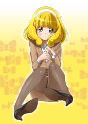 Rule 34 | 10s, 1girl, aged up, blonde hair, blush, bow, brown eyes, brown pantyhose, eyelashes, formal, full body, gradient background, hairband, high heels, highres, kise yayoi, legs, looking at viewer, mahkn, office lady, pantyhose, peke (pixiv1607147), precure, shoe soles, shoes, sitting, skirt, skirt suit, smile precure!, solo, suit, white hairband, yellow background