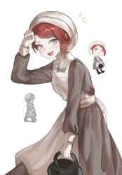 Rule 34 | 1girl, abella (fear &amp; hunger), apron, blush, bucket, fear &amp; hunger, fear &amp; hunger 2: termina, grey eyes, hand on own forehead, highres, holding, holding bucket, lilio, looking at viewer, maid, maid apron, maid headdress, open mouth, red hair, sprite, surprised, sweat, white background