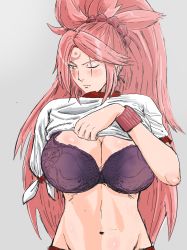 Rule 34 | 1girl, absurdres, alternate costume, amputee, baiken, big hair, blush, bra, breasts, buruma, closed mouth, clothes lift, commentary request, facial tattoo, guilty gear, guilty gear xrd, gym uniform, highres, horoko, japanese clothes, kataginu, large breasts, long hair, looking to the side, midriff, navel, one-eyed, pink eyes, pink hair, purple bra, scar, scar across eye, scar on face, shirt lift, tattoo, underwear, very long hair