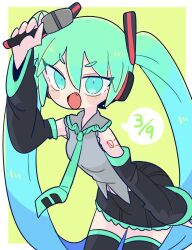 Rule 34 | 1girl, aqua eyes, aqua hair, aqua necktie, black skirt, black thighhighs, commentary, cowboy shot, dated, detached sleeves, english commentary, fang, grey shirt, hatsune miku, highres, holding, holding microphone, long hair, looking at viewer, microphone, miku day, necktie, number tattoo, op na yarou, open mouth, shirt, skirt, solo, standing, tattoo, thighhighs, twintails, vocaloid, yellow background