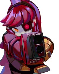 Rule 34 | 1girl, aiming, aiming at viewer, alarm siren, arm cannon, borrowed character, commentary, crosshair pupils, english commentary, fewer digits, hand on own arm, heterochromia, highres, joints, long hair, looking at viewer, mimi-sentry, myanja, original, personification, red eyes, red hair, robot, robot girl, robot joints, simple background, solo, team fortress 2, upper body, very long hair, weapon, white background, yellow eyes