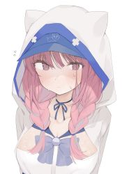 Rule 34 | 1girl, animal ear headwear, blue ribbon, blush, bow, braid, breasts, choker, cleavage, closed mouth, collarbone, colored inner hair, dress, fake animal ears, flying sweatdrops, hair between eyes, highres, hololive, hood, hoodie, lace dress, large breasts, light frown, looking at viewer, minato aqua, minato aqua (sailor), multicolored hair, pink eyes, pink hair, purple eyes, ribbon, ribbon choker, sailor collar, shin no tenpii, solo, streaked hair, sweat, twin braids, two-tone hair, upper body, virtual youtuber