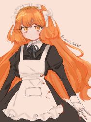 Rule 34 | &gt;:(, 1girl, alternate costume, apron, blood, blood on clothes, freckles, highres, holding, holding weapon, ishmael (project moon), limbus company, long hair, looking at viewer, maid, maid apron, maid headdress, ochaocha815, orange eyes, orange hair, project moon, ribbon, serious, signature, solo, upper body, v-shaped eyebrows, weapon, white ribbon
