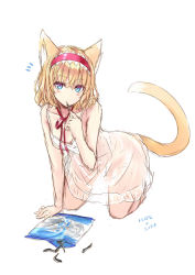 Rule 34 | 1girl, alice margatroid, all fours, animal ears, bad id, bad nicoseiga id, blonde hair, blue eyes, blush, cat ears, cat girl, cat tail, female focus, fish, hairband, kemonomimi mode, looking at viewer, nabeshima tetsuhiro, simple background, solo, tail, touhou, white background