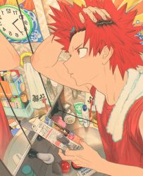 Rule 34 | 1boy, bathroom, boku no hero academia, bottle, box, clock, commentary request, hair dye, hand on own head, highres, holding, holding box, indoors, kirishima eijirou, looking at mirror, male focus, mirror, parted lips, red eyes, red hair, red shirt, reflection, shirt, short hair, short sleeves, sink, solo, spiked hair, toothbrush, towel, towel around neck, uraura ura-chan