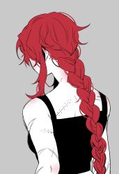 Rule 34 | 1girl, 3cnfw, alternate hairstyle, bare shoulders, black shirt, blush, braid, braided ponytail, facing away, from behind, gebura (project moon), grey background, highres, lobotomy corporation, long hair, project moon, red hair, scar, scar on arm, shirt, sidelocks, simple background, solo, tank top, upper body, very long hair