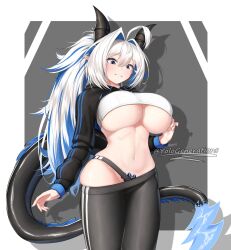 Rule 34 | belly, breasts, dragon girl, highres, hood, hoodie, horns, huge breasts, pants, pubic tattoo, tattoo, thick thighs, thighs, underboob, white hair, yoga pants, yolo generations