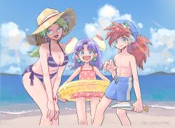 Rule 34 | 1boy, 2girls, blue eyes, breasts, cleavage, closed mouth, cloud, earrings, goggles, goggles on headwear, grandia, grandia i, green hair, hat, highres, innertube, jewelry, justin (grandia), lily (grandia), long hair, looking at viewer, medium breasts, mother and son, multiple girls, navel, nyx666, ocean, open mouth, purple hair, puui (grandia), red hair, sand, smile, sue (grandia), swim ring, swimsuit