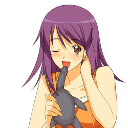 Rule 34 | 00s, 1girl, a1 (initial-g), adjusting hair, bare shoulders, blouse, blush, dildo, kaleido star, licking, naegino sora, one eye closed, open mouth, orange shirt, purple hair, sex toy, sexually suggestive, shirt, simple background, sleeveless, sleeveless shirt, solo, turtle, white background, wink, yellow eyes