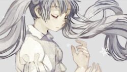 Rule 34 | 1girl, blue hair, closed eyes, closed mouth, collared shirt, commentary request, expressionless, floating hair, frilled sleeves, frills, grey background, long hair, original, puffy short sleeves, puffy sleeves, shirt, short sleeves, simple background, snowflakes, solo, tono (rt0no), twintails, upper body, white shirt, white sleeves