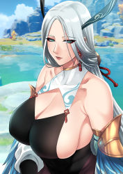 Rule 34 | 1girl, bare shoulders, breasts, cleavage cutout, clothing cutout, cloud retainer (genshin impact), collarbone, detached sleeves, eyes visible through hair, genshin impact, hair ornament, highres, humanization, large breasts, lips, long hair, skindentation, solo, upper body, xianyun (genshin impact), xter