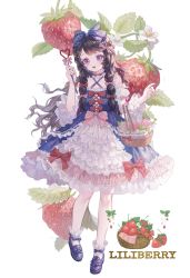 Rule 34 | 1girl, basket, black footwear, black hair, blue bow, bow, dress, flower, food, footwear bow, frilled dress, frilled sleeves, frills, fruit, full body, hair bow, halterneck, hand up, highres, juliet sleeves, leaf, lolita fashion, long hair, long sleeves, looking at viewer, maccha (mochancc), nail polish, open mouth, original, pink flower, puffy sleeves, purple eyes, red bow, red nails, shoes, simple background, socks, solo, standing, strawberry, striped, striped bow, very long hair, white background, white flower, white socks