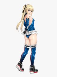 Rule 34 | 1girl, ass, bare shoulders, black ribbon, blonde hair, blue eyes, blue one-piece swimsuit, blue thighhighs, blush, breasts, dead or alive, elbow gloves, frills, full body, gloves, hair ornament, highres, kurone rinka, leotard, looking at viewer, looking back, marie rose, md5 mismatch, one-piece swimsuit, red ribbon, resolution mismatch, ribbon, simple background, small breasts, smile, solo, source smaller, swimsuit, tecmo, thighhighs, twintails, v, x hair ornament