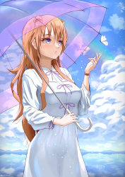 Rule 34 | 1girl, absurdres, blush, bracelet, breasts, bug, butterfly, butterfly (love live!), cloud, cloudy sky, cowboy shot, dress, hand up, highres, holding, holding umbrella, insect, jewelry, konoe kanata, long hair, long sleeves, love live!, love live! nijigasaki high school idol club, medium breasts, notinversion, orange hair, parted lips, purple eyes, sky, solo, umbrella, white dress