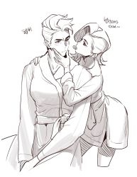 Rule 34 | 2girls, arm around back, bathrobe, blush, cropped legs, food in mouth, greyscale, hand on another&#039;s chin, highres, imminent kiss, medium hair, mingpu, mole, mole under eye, monochrome, mouth hold, multiple girls, overwatch, overwatch 1, pink hair, short hair, sombra (overwatch), undercut, very short hair, yuri, zarya (overwatch)