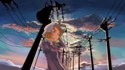 Rule 34 | 1girl, 3735geriragouki, blonde hair, blue eyes, bow, commentary, dress, dusk, hat, hat bow, hat ribbon, holding, holding clothes, holding hat, looking at viewer, maribel hearn, mob cap, necktie, power lines, purple dress, red necktie, ribbon, short hair, sky, solo, sunset, touhou, utility pole