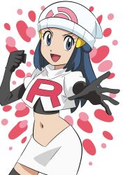 Rule 34 | 1girl, :d, beanie, black gloves, black hair, boots, clenched hand, commentary request, cosplay, creatures (company), cropped jacket, dawn (pokemon), elbow gloves, eyelashes, game freak, gloves, grey eyes, hainchu, hair ornament, hairclip, hat, highres, jacket, jessie (pokemon), jessie (pokemon) (cosplay), logo, long hair, nintendo, open mouth, outstretched arm, pokemon, pokemon (anime), pokemon journeys, shirt, sidelocks, skirt, smile, solo, spread fingers, team rocket, team rocket uniform, thigh boots, tongue, white background, white hat, white jacket, white skirt