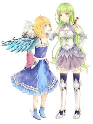 Rule 34 | 2girls, angel, angel wings, armor, asymmetrical wings, blonde hair, blue eyes, borrowed character, cassie (acerailgun), cyborg, dress, earrings, feathered wings, fingerless gloves, flat chest, full body, gloves, greaves, green hair, hand on own hip, hands on own hips, jewelry, long hair, mechanical arms, mechanical wings, miss-ariellia, multiple girls, original, pointy ears, rynn (acerailgun), shoes, single mechanical arm, skirt, smile, thighhighs, transparent background, vambraces, very long hair, winged footwear, wings, yellow eyes, zettai ryouiki