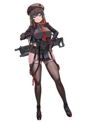 Rule 34 | 1girl, absurdres, alternate costume, ammunition belt, belt, black footwear, black jacket, black sleeves, black thighhighs, breasts, brown eyes, brown hair, closed mouth, collared shirt, commentary request, commission, cropped jacket, dot nose, full body, goddess of victory: nikke, gun, hat, high heels, highres, jacket, large breasts, legs apart, long hair, long sleeves, necktie, platform footwear, pointy ears, pouch, rapi (nikke), red necktie, rifle, scvready, shirt, simple background, slit pupils, smile, solo, split mouth, star (symbol), thighhighs, thighs, weapon, weapon on back, white background