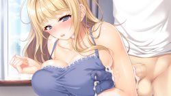 Rule 34 | 1girl, armpit sex, armpits, bare shoulders, blonde hair, blue eyes, blush, bottomless, breasts, breasts squeezed together, breath, censored, cleavage, cum, cum on body, cum on breasts, cum on upper body, day, embarrassed, game cg, head out of frame, hozumi kaoru, huge breasts, incest, indoors, itsu made mo musuko no mama ja irarenai! sewazuki aoi kaa-san no muchimuchi oppai ni amaete ippai shasei shitai!, long hair, mosaic censoring, mother and son, original, parted lips, penis, penis under another&#039;s clothes, standing, takasato aoi, window