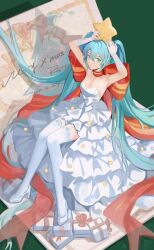 Rule 34 | 1girl, absurdly long hair, absurdres, aqua eyes, aqua hair, armpits, arms up, asamayuki ra, bare shoulders, bow, box, breasts, christmas, cleavage, closed mouth, dated, dress, garter straps, gift, gift box, gloves, hatsune miku, high heels, highres, holding, holding star, long dress, long hair, looking at viewer, merry christmas, postcard, red bow, sign, sitting, sleeveless, sleeveless dress, small breasts, solo, star (symbol), thighhighs, twintails, very long hair, vocaloid, white dress, white footwear, white gloves, white thighhighs