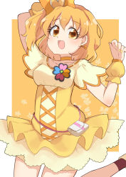 Rule 34 | 1girl, :d, absurdres, bow, choker, cure pine, dress, earrings, fingernails, fresh precure!, hair bow, hair ornament, heart, heart earrings, heart hair ornament, highres, jewelry, looking at viewer, magical girl, nail polish, open mouth, orange background, orange bow, orange choker, orange eyes, orange hair, precure, short dress, short hair, side ponytail, smile, solo, toon (noin), white background, wrist cuffs, yamabuki inori, yellow dress, yellow nails
