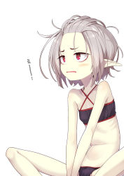 Rule 34 | 1girl, bare arms, bare shoulders, bikini, black bikini, black panties, black shirt, blush, criss-cross halter, fang, feet out of frame, forehead, grey hair, halterneck, highres, long sleeves, looking away, ogami kazuki, original, panties, parted lips, pointy ears, red eyes, shirt, short shorts, shorts, simple background, sitting, solo, spread legs, swimsuit, underwear, underwear only, white background, white shorts