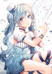 Rule 34 | + +, 1girl, absurdres, blowing bubbles, blue bow, blue eyes, blue hair, blue ribbon, blue skirt, blush, bow, breasts, bubble, choker, cleavage, collarbone, hat, hat bow, hat ribbon, hatsune miku, highres, long hair, looking at viewer, medium breasts, parted lips, pillo, puffy short sleeves, puffy sleeves, ribbon, short sleeves, sitting, skirt, solo, top hat, twintails, vocaloid, white hat
