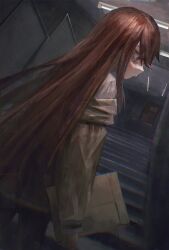 Rule 34 | 1girl, alternate eye color, brown coat, closed mouth, coat, commentary, door, highres, holding, holding paper, indoors, long hair, looking to the side, magan0301, makise kurisu, on stairs, paper, profile, red eyes, red hair, shirt, sleeve cuffs, solo, stairs, steins;gate, straight hair, white shirt