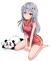 Rule 34 | 1girl, absurdres, bare arms, bare shoulders, barefoot, between legs, braid, breasts, china dress, chinese clothes, clothing cutout, dress, gold trim, grey hair, hair ornament, highres, long hair, looking at viewer, medium breasts, mouth hold, original, panda, red dress, red eyes, ryuinu, seiza, side cutout, simple background, sitting, sleeveless, sleeveless dress, solo, thighs, white background