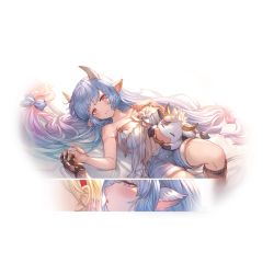 Rule 34 | 2girls, alpha transparency, animal ears, blue hair, blush, bow, breasts, catura (granblue fantasy), cow, cow ears, djeeta (granblue fantasy), draph, gauntlets, gradient hair, granblue fantasy, hair bow, hand on own chest, horns, large breasts, long hair, looking at viewer, lying, minaba hideo, multicolored hair, multiple girls, official art, on back, parted lips, pointy ears, purple hair, shorts, simple background, smile, solo, strap slip, transparent background, two-tone hair, whispering