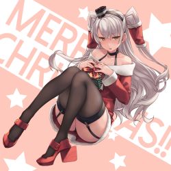 Rule 34 | 1girl, amatsukaze (kancolle), box, christmas, collarbone, dress, fur-trimmed dress, fur trim, garter straps, gift, gift box, hair tubes, highres, kantai collection, long hair, merry christmas, off shoulder, red dress, rokuwata tomoe, short dress, silver hair, thighhighs, thighs, two side up, yellow eyes