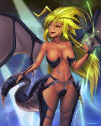 Rule 34 | blonde hair, breasts, convenient censoring, crotch, dragon girl, dragon tail, hybridmink, large breasts, long hair, monster girl, navel, original, pointy ears, scales, tail, tan, thighs