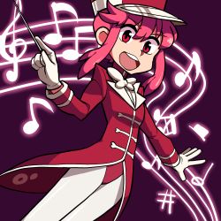 Rule 34 | 1girl, conductor baton, beamed eighth notes, bow, bowtie, eighth note, flat sign, gloves, hair between eyes, highres, jakuzure nonon, kill la kill, lakilolom, legs together, long hair, long sleeves, looking at viewer, musical note, pantyhose, pink hair, purple background, red eyes, round teeth, sharp sign, solo, staff (music), jakuzure nonon (symphony regalia), teeth, turtleneck, white bow, white bowtie, white gloves, white pantyhose