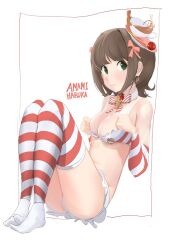 Rule 34 | 1girl, amami haruka, ass, bikini, bikini skirt, bow, bowtie, breasts, brown hair, candy, ch2haya p, character name, choker, cleavage, commentary, cookie, cup, detached sleeves, earrings, embarrassed, english text, food, frilled bikini, frills, fruit, furrowed brow, green eyes, hair intakes, hair ribbon, heart, heart earrings, idolmaster, idolmaster (classic), idolmaster million live!, jewelry, lollipop, medium breasts, medium hair, nose, object on head, red ribbon, ribbon, sidelocks, sitting, solo, strawberry, striped bikini, striped bow, striped bowtie, striped clothes, striped thighhighs, swimsuit, symbol-only commentary, teacup, thighhighs, wavy mouth