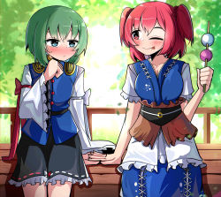 Rule 34 | 2girls, :p, absurdres, black sash, black skirt, blue eyes, blue kimono, blue vest, blush, bow, breasts, brown sash, buttons, cleavage, closed mouth, coin, coin on string, commentary, dango, epaulettes, expressionless, food, frilled skirt, frills, green hair, hair between eyes, hair bobbles, hair ornament, highres, holed coin, japanese clothes, kimono, large breasts, long sleeves, looking at another, looking to the side, medium breasts, multiple girls, no headwear, obi, onozuka komachi, railing, red bow, red eyes, red hair, ribbon-trimmed skirt, ribbon trim, sanshoku dango, sash, shiki eiki, shirt, short hair, skirt, sleeve bow, smile, spam (spamham4506), tongue, tongue out, touhou, tree, two side up, vest, wagashi, white bow, white shirt, wide sleeves, yuri