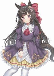 Rule 34 | 1girl, animal ears, ascot, blush, bow, breasts, closed mouth, commentary request, daiichi ruby (umamusume), dress, drill hair, ear ornament, flower, frilled dress, frills, gothic lolita, hair bow, hair flower, hair ornament, highres, horse ears, horse girl, horse tail, lolita fashion, long hair, looking at viewer, oshage (osyage921), pantyhose, parted bangs, puffy sleeves, purple eyes, red ascot, simple background, small breasts, solo, tail, twin drills, umamusume, white background, white pantyhose