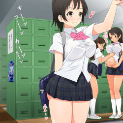 Rule 34 | 3girls, aomizuan, blush, grabbing another&#039;s breast, breasts, faceless, faceless male, from behind, grabbing, groping, happy, locker, long hair, multiple girls, nipples, open clothes, open mouth, open shirt, pregnant, ribbon, school uniform, shirt, short hair, skirt, smile, socks, translated