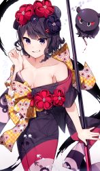 Rule 34 | 1girl, :d, absurdres, armpits, bare shoulders, bird, black eyes, black kimono, blush, bow, breasts, calligraphy brush, checkered bow, checkered clothes, cleavage, collarbone, cowboy shot, fate/grand order, fate (series), floating, flower, grin, hair flower, hair ornament, hand up, highres, holding, holding staff, horns, japanese clothes, katsushika hokusai (fate), kimono, long sleeves, looking at viewer, medium breasts, mono (mono mon), obi, octopus, off shoulder, open mouth, paintbrush, purple eyes, purple hair, sash, short hair, simple background, smile, solo, staff, standing, tassel, teeth, white background, wide sleeves