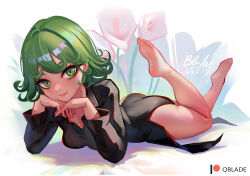 Rule 34 | 1girl, artist name, ass, barefoot, black dress, breasts, closed mouth, dated, dress, feet, feet up, female focus, flower, full body, green eyes, green hair, long sleeves, looking at viewer, lying, matching hair/eyes, medium breasts, on stomach, one-punch man, patreon logo, patreon username, pink flower, qblade, short hair, signature, smile, soles, solo, tatsumaki, the pose, toes