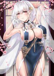 Rule 34 | 1girl, absurdres, arm behind head, artist name, azur lane, braid, branch, breast curtains, breasts, cherry blossoms, china dress, chinese clothes, dress, flower, garter straps, gloves, grey dress, hair flower, hair ornament, half gloves, highres, large breasts, looking at viewer, medium hair, official alternate costume, pelvic curtain, red eyes, revealing clothes, ribbon between breasts, see-through, see-through sleeves, side braid, sirius (azur lane), sirius (azure horizons) (azur lane), solo, standing, thighs, tini, watermark, white gloves, white hair, yellow flower