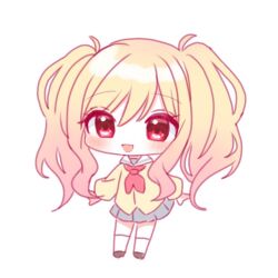 1girl blonde_hair blush chibi commentary_request full_body gradient_hair kotohatoko510 long_hair long_sleeves looking_at_viewer multicolored_hair open_mouth pink_eyes pink_hair project_sekai shirt sidelocks skirt smile solo tenma_saki twintails white_background