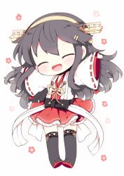 Rule 34 | 10s, 1girl, ^ ^, bad id, bad pixiv id, black hair, chibi, closed eyes, closed eyes, flower, hair ornament, hairband, hairclip, haruna (kancolle), japanese clothes, kantai collection, kyou (nekoneko), long hair, nontraditional miko, skirt, smile, solo, thighhighs