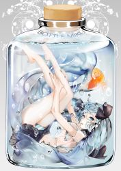 Rule 34 | 10s, 1girl, 2013, air bubble, aqua eyes, aqua nails, artist name, barefoot, blue hair, bottle, bottle miku, bubble, character name, dated, dyuon01, encasement, fish, hair ribbon, hatsune miku, highres, in bottle, in container, liquid hair, long hair, looking at viewer, midriff, nail polish, panties, pantyshot, ribbon, skirt, solo, striped clothes, striped panties, submerged, underwear, upskirt, very long hair, vocaloid