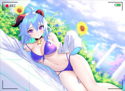 Rule 34 | 1girl, ahoge, bare legs, bare shoulders, bell, bikini, black choker, blue hair, breasts, choker, cleavage, closed mouth, coat, collarbone, cowbell, day, dutch angle, flower, front-tie bikini top, front-tie top, ganyu (genshin impact), genshin impact, goat horns, highres, horns, large breasts, long hair, looking at viewer, lying, multi-strapped bikini, navel, off shoulder, on side, open clothes, open coat, outdoors, purple bikini, purple eyes, siun, solo, stomach, strap slip, string bikini, sunflower, swimsuit, thighs, viewfinder, white coat