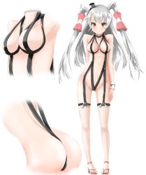 Rule 34 | 10s, 1girl, amatsukaze (kancolle), armpits, ass, breasts, collarbone, full body, groin, hair ornament, harness, highres, kantai collection, long hair, looking at viewer, medium breasts, navel, orange eyes, r0g0b0, silver hair, simple background, slingshot swimsuit, solo, standing, swimsuit, white background, yellow eyes