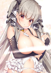 Rule 34 | 1girl, :d, :o, arm under breasts, azur lane, bare shoulders, between breasts, black dress, blush, breasts, breasts out, cleavage, collarbone, detached collar, dress, earrings, formidable (azur lane), frilled dress, frills, garter belt, grey hair, hair ribbon, twirling hair, head tilt, jewelry, kino (kino konomi), large breasts, light censor, long hair, long sleeves, looking at viewer, navel, open mouth, red eyes, ribbon, sidelocks, smile, solo, stomach, twintails, two-tone dress, two-tone ribbon, very long hair