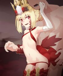Rule 34 | 1boy, 1girl, ahoge, bare shoulders, bikini, blonde hair, braid, breasts, criss-cross halter, crown, dragon claw, dragon tail, elbow gloves, facial mark, fate/grand order, fate/grand order arcade, fate (series), french braid, gloves, hair bun, hair intakes, halterneck, long hair, looking at viewer, navel, nero claudius (fate), nero claudius (fate) (all), open mouth, queen draco (fate), queen draco (second ascension) (fate), red bikini, red eyes, scales, single hair bun, small breasts, smile, swimsuit, tail, tail wrap, thighs, viroa, white gloves