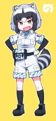Rule 34 | 10s, 1girl, alternate costume, animal ears, belt, black hair, boots, camouflage trim, commentary request, common raccoon (kemono friends), cosplay, fang, grey hair, hands on own hips, japari symbol, kemono friends, kr act, mirai (kemono friends), mirai (kemono friends) (cosplay), multicolored hair, open mouth, pouch, raccoon ears, raccoon tail, radio, short hair, short sleeves, shorts, socks, solo, tail, uniform